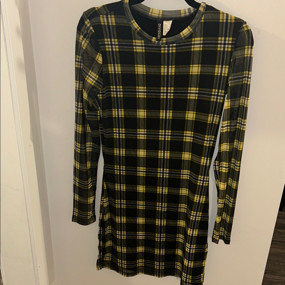 Yellow and Black Plaid Long Sleeve Dress
